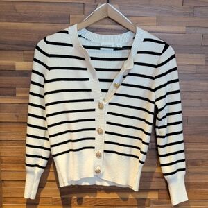Cyrus Cream and Black Striped Button-Front Cardigan with Gold Buttons